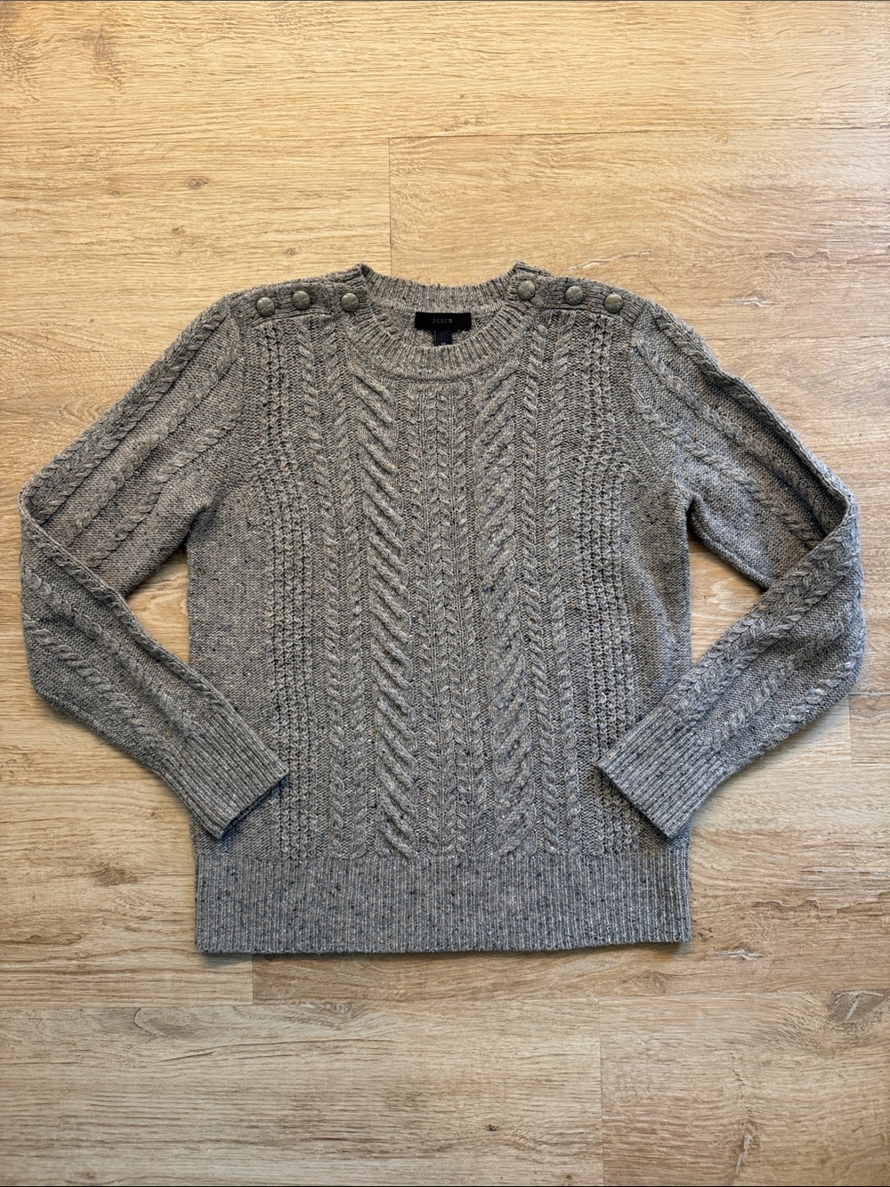 Vintage J. Crew Gray Cable Knit Crewneck Sweater with Shoulder Buttons